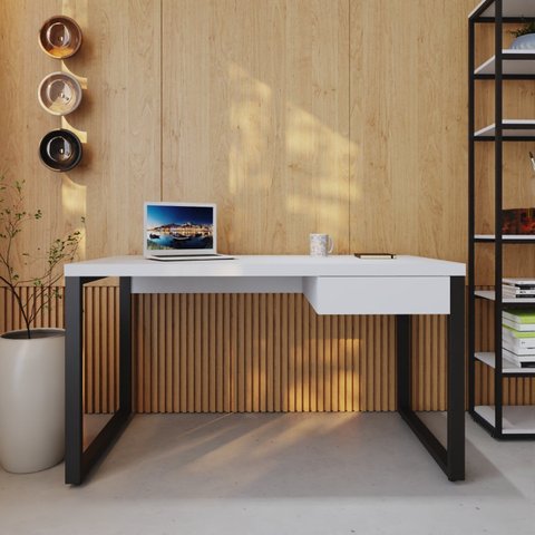 Escrivaninha Mesa Escritório Yon Operacional com 135x70x75 1 Gaveta 135cm Industrial Branco e Preto