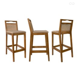 Kit 3 Banquetas para Bancada Alta Estofada Valência Rattan em Madeira Amêndoa Linho Bege Ccs - 2