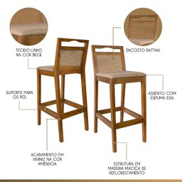 Kit 3 Banquetas para Bancada Alta Estofada Valência Rattan em Madeira Amêndoa Linho Bege Ccs - 4