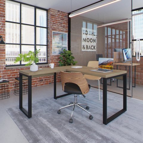 Escrivaninha Mesa Escritório em L Yon Operacional 135x70x75 135cm Industrial Vermont e Preto Marrom