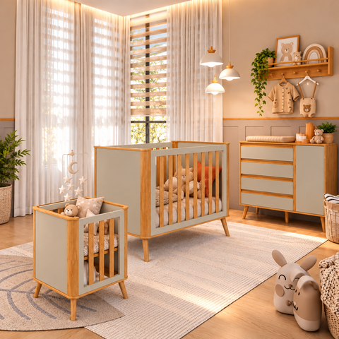 Mini Berço com Cômoda Quarto de Bebê MDF Off White Amendoa