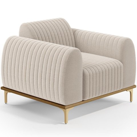 Poltrona Decorativa Base de Madeira Castanho e Pés Metalizado D'ouro Molino D02 Bouclê Creme B-54