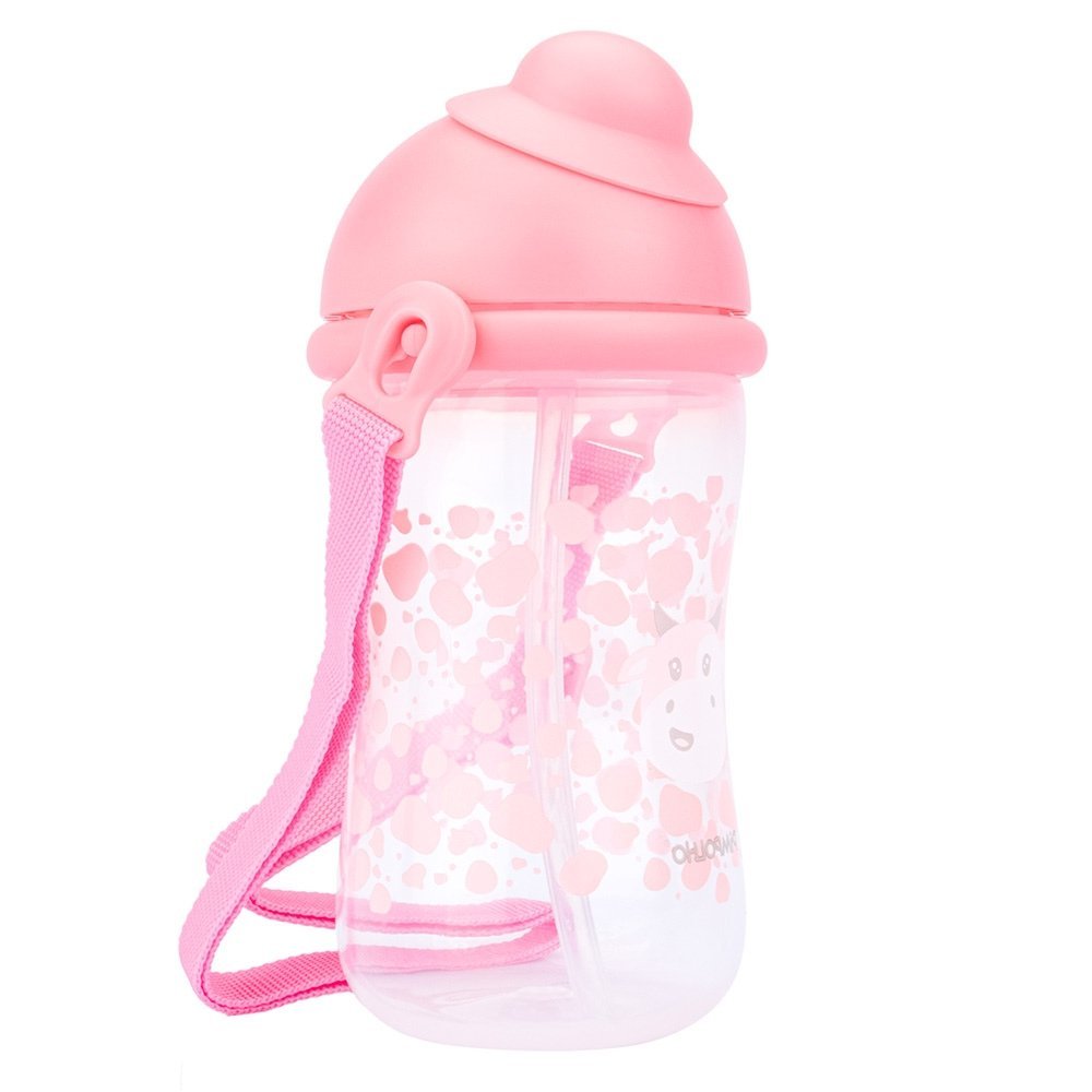 GARRAFA VAQUINHA COPO COM TAMPA RETRATIL E CORDINHA 400ML FEMININO PIMPOLHO ROSA