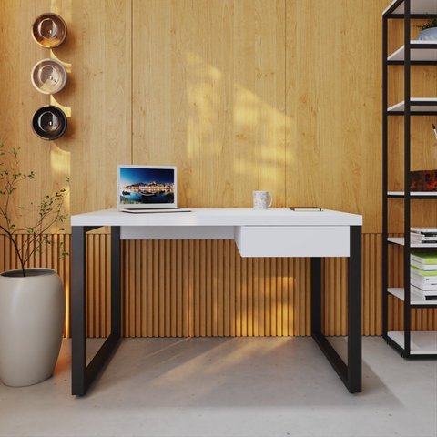 Escrivaninha Mesa Escritório Yon Operacional com 120x70x75 1 Gaveta 120cm Industrial Branco e Preto