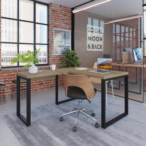Escrivaninha Mesa Escritório em L Yon Operacional 120x70x75 120cm Industrial Vermont e Preto Marrom