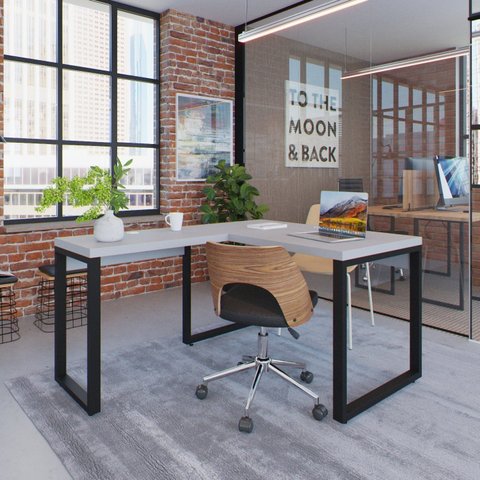 Escrivaninha Mesa Escritório em L Yon Operacional 120x70x75 120cm Industrial Branco e Preto
