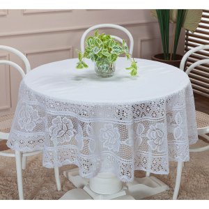 Toalha Renda Redonda 1,50m X 1,50m Floral 4 Lugares Cozinha Forro Mesa Jantar Branco