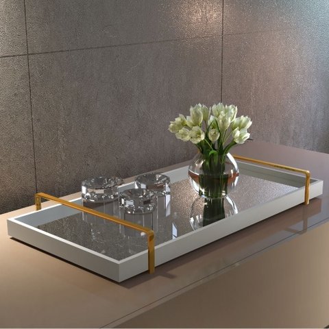Bandeja Decorativa Espelhada Alça Dourada Larflex Off White