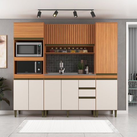 Cozinha Compacta Modulada 4 Peças com Torre Quente Paneleiro e Aéreo Ripado Cecília Marrom/Freijó/Off White