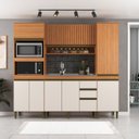 Ver imagem 1 de Cozinha Compacta Modulada 4 Peças com Torre Quente Paneleiro e Aéreo Ripado Cecília Marrom/Freijó/Off White