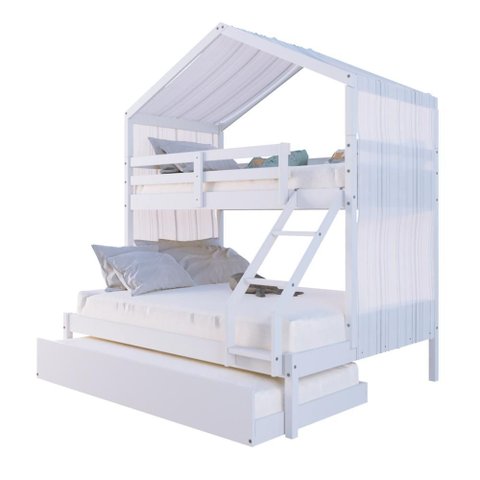 Treliche Casal/ Solteiro Casinha com Cortina Madeira Maciça Branco Megamobilia
