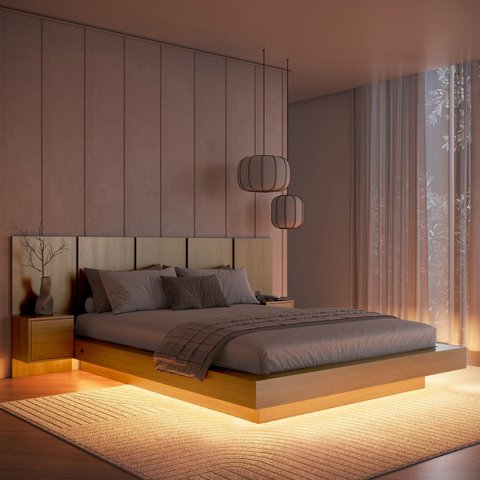 Cama Casal Queen Suspensa com LED, Cabeceira e Mesas de Apoio 140/160 Zurique Marrom/Mel Yescasa