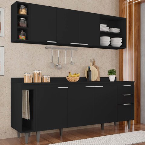 Armário de Cozinha Cp13 e Tampo 178cm Pérola M24 Preto - Mpozenato