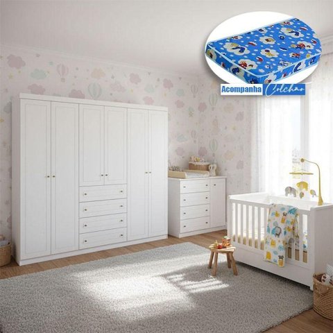 Quarto Infantil Mississipi 6 Portas Ambiente com Berço Tutto New Branco Fosco e Colchão Ortobom -