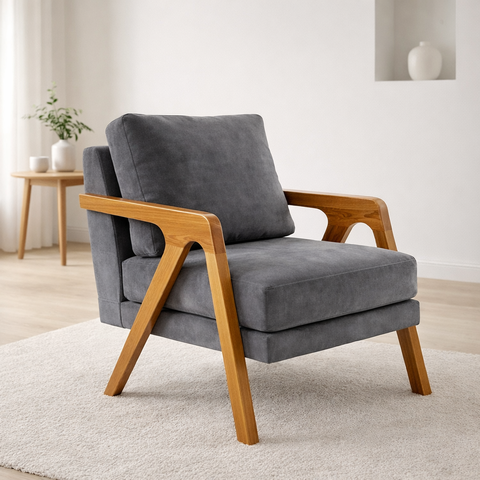 Poltrona Mona Luxo Madeira Maciça Veludo Cinza para Sala de Estar Decorativa Moderna