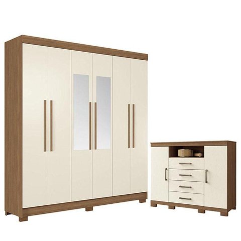 Guarda Roupa Casal Toledo 6 Portas de Bater 2 Gavetas MDP com Espelho e Cômoda Havana Master Santos