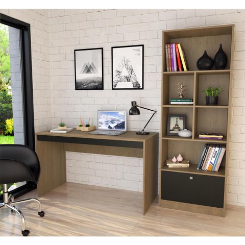 Kit Escritório Bali com Mesa e Estante Livreiro - Mel/Preto