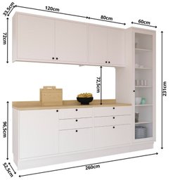 Cozinha Compacta 5 Peças 2 Balcões com Tampo 2 Armários Aéreos e Cristaleira em MDF Sevilha Branco/Carvalho - 4