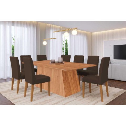Sala de Jantar Completa Helena Tampo Madeirado 210x100cm e 8 Cadeiras Maia Cinamomo - Nature/suede
