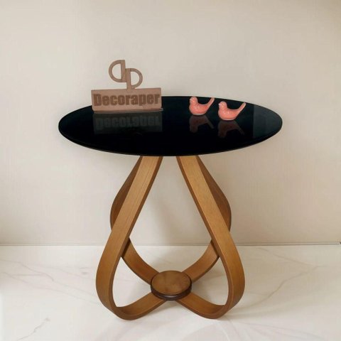 Mesa Lateral Bela Alice Redonda Vidro MDF Madeira 60cm Preto