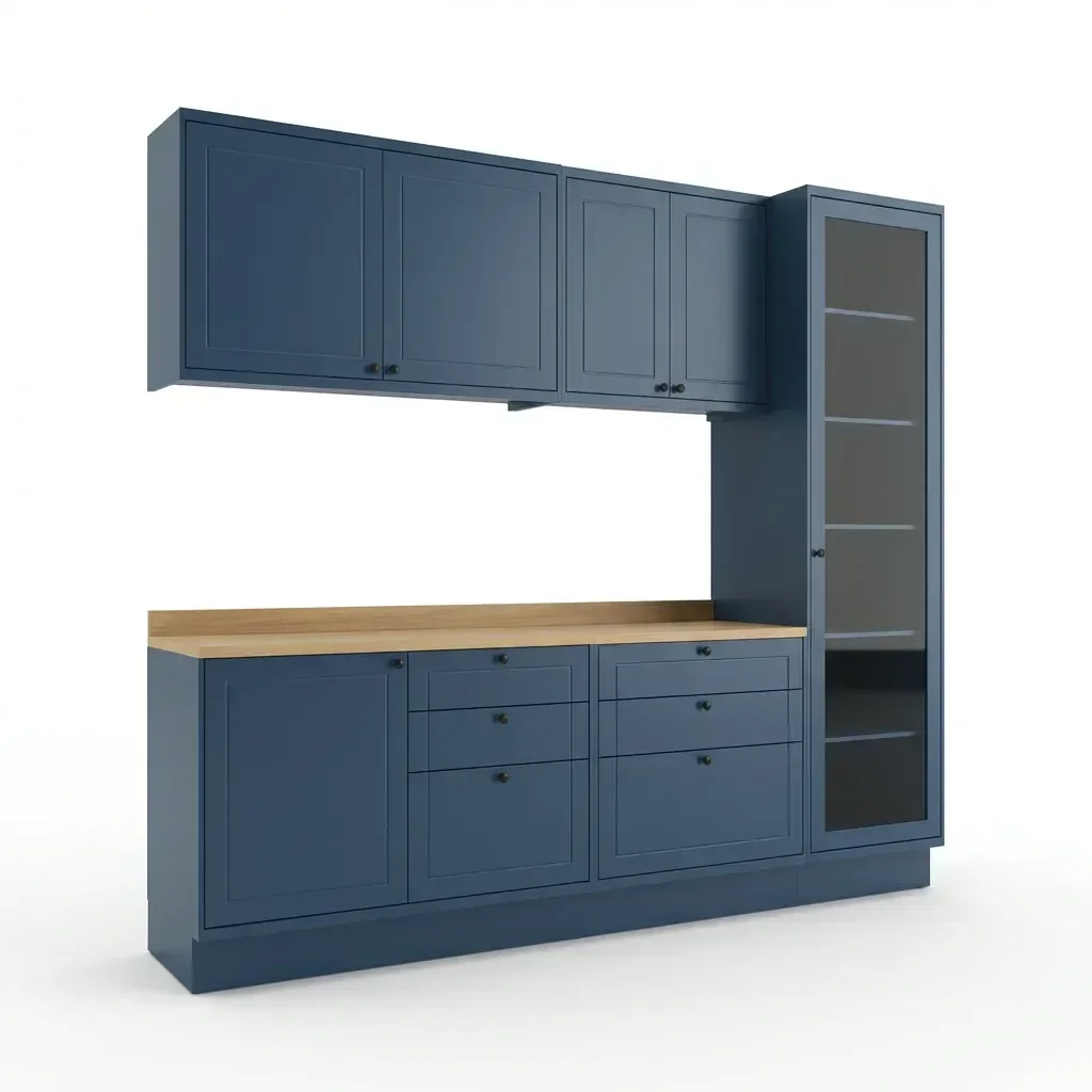 Ver imagem 3 de Cozinha Compacta 5 Peças 2 Balcões com Tampo 2 Armários Aéreos e Cristaleira em MDF Sevilha Azul/Carvalho