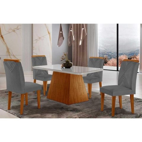 Conjunto: Mesa de Cozinha Luna Tampo Madeirado C/ Vidro Canto Curvo 120x80 e 4 Cadeiras Amsterdã