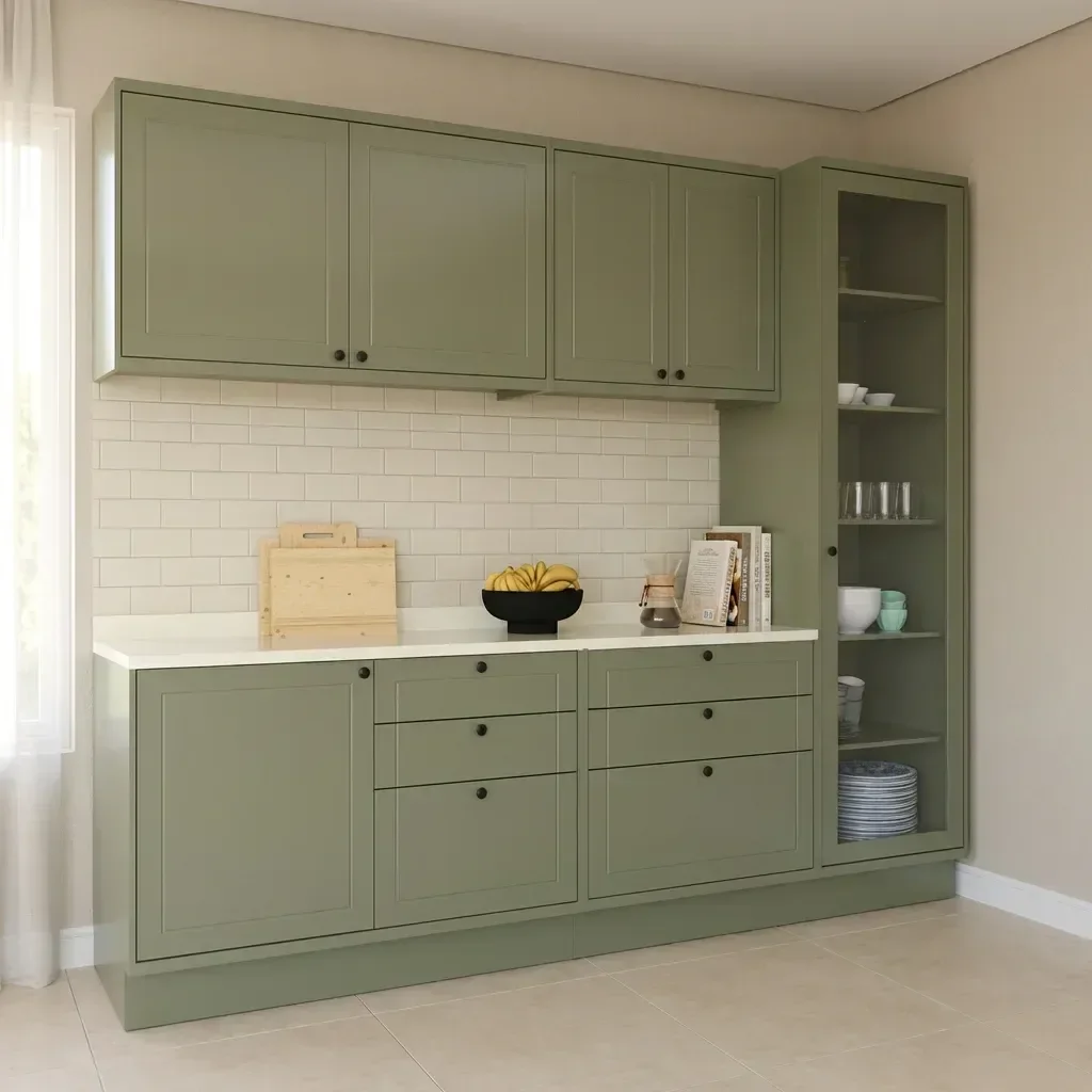 Cozinha Compacta Modulada 5 Peças 2 Balcões com Tampo 2 Armários Aéreos e Cristaleira em MDF Sevilha Verde/Cinza