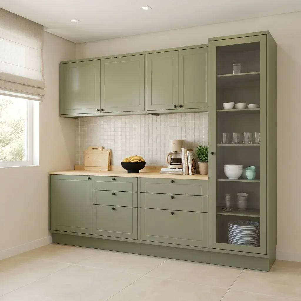 Ver imagem 2 de Cozinha Compacta 5 Peças 2 Balcões com Tampo 2 Armários Aéreos e Cristaleira em MDF Sevilha Verde/Carvalho