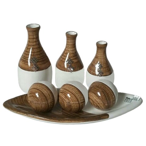 Jogo de Vasos Trio Garrafas e Barca 3 Esferas Cerâmica Decor - Marrom