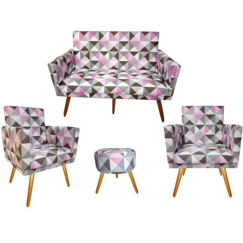 Kit Namoradeira + 2 Poltronas Decorativa Nina + Puff Redondo Suede Triângulo Rosa Pés Madeira Ms Dec