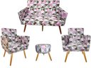 Ver imagem 1 de Kit Namoradeira + 2 Poltronas Decorativa Nina + Puff Redondo Suede Triângulo Rosa Pés Madeira Ms Dec