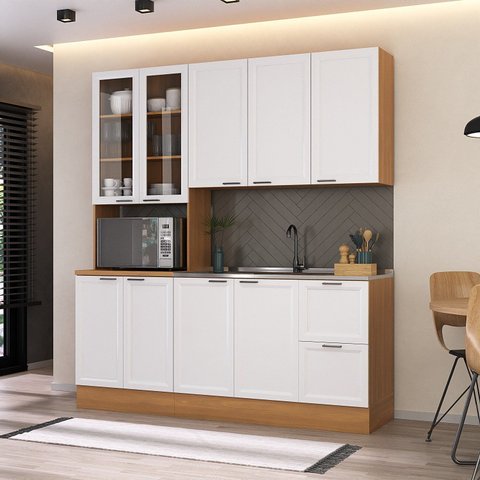 Cozinha Compacta Planejada 3 Peças 1 Paneleiro Duplo 1 Aéreo 1 Balcão Soho CabeCasa MadeiraOriginals Branco/Freijó