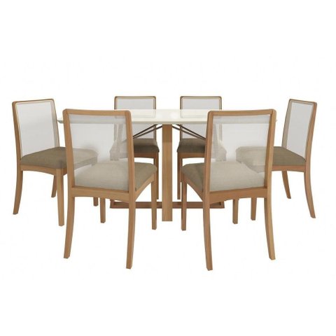 Sala Jantar Mesa Elma Premium Madeira Maciça C/ Tampo Madeirado C/ Vidro 170x90cm e 6 Cadeiras Lara