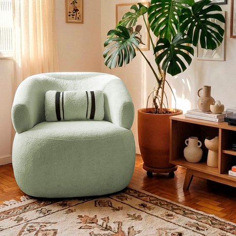 Poltrona Orgânica Chloe Boucle Verde Redonda Decorativa com Almofada Plumante - Arkell