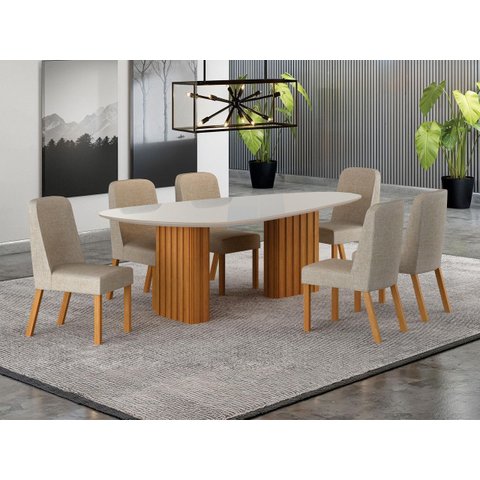 Conjunto Jantar 6 Cadeiras Maciça 2x1 Vdo Iza - Arbo Design- Cinamomo Off White Linho Palha