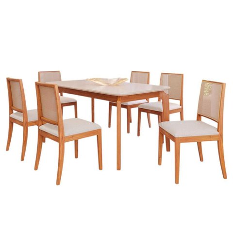 Mesa de Jantar 1,60 com 6 Cadeiras Buriti Conjunto Ficus Moderno Madeira/off White/linho Cru