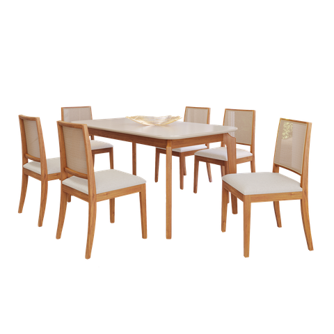 Mesa de Jantar 1,60 com 6 Cadeiras Buriti Conjunto Ficus Moderno Madeira/Off White/Linho Cru