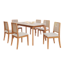 Ver imagem 1 de Mesa de Jantar 1,60 com 6 Cadeiras Buriti Conjunto Ficus Moderno Madeira/Off White/Linho Cru