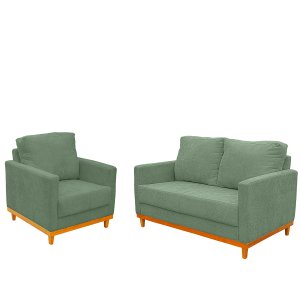 Kit Poltrona e Sofa Berlim 2 Lugar Base de Madeira Tecido Impermeavel Verde Agua