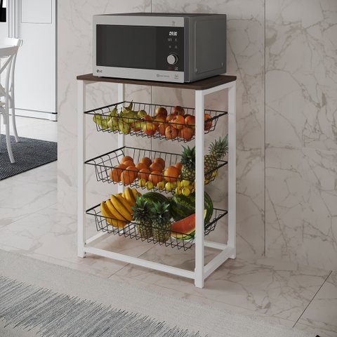 Fruteira com Suporte para Micro-ondas Barcelona Aço Branco Cesto Preto Tampo Amêndoa
