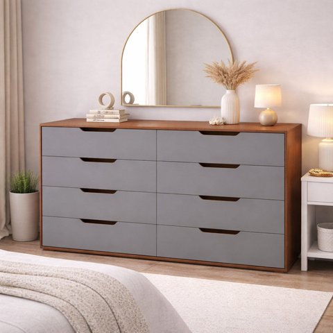 Cômoda para Quarto 8 Gavetas 150cm Madri Cinza/Freijó
