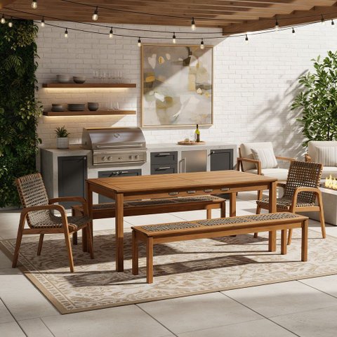 Mesa de Jantar com 02 Bancos de Madeira e 02 Cadeiras com Braço Trammare C07 Corda Rami - Lyam Decor