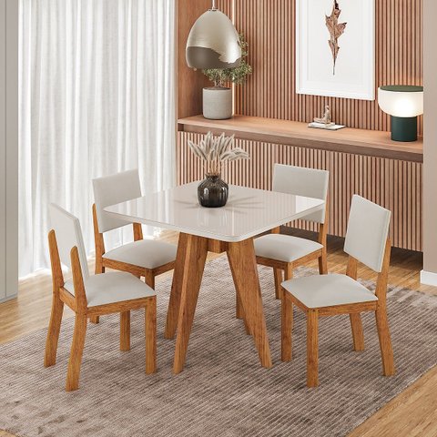 Conjunto Sala de Jantar 4 Lugares Quadrado Tampo de MDF/Vidro Dynna Cobre/Vidro Off White/Bege - Cas