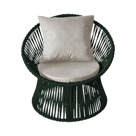 Poltrona Decorativa Estofada Sol com Almofada em Corda Náutica e Base em Alumínio Cinza/verde Musgo