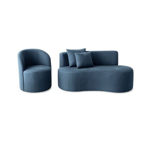 Conjunto 01 Poltrona + Sofá Curvo Orgânico Nature Gaia Suede Azul Royal - Montanaris Decor