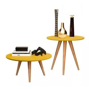 Kit 2 Mesas Mesinha de Centro e Lateral Redondas Amarelo