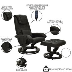 Poltrona do Papai Massageadora Elétrica com Sintéticoff Louis R02 Sintético Preto - Mpozenato - 3