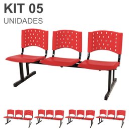 Kit 05 Cadeiras longarinas PLÁSTICAS 03 Lugares - Cor VERMELHO - REALPLAST - 23066 - 1