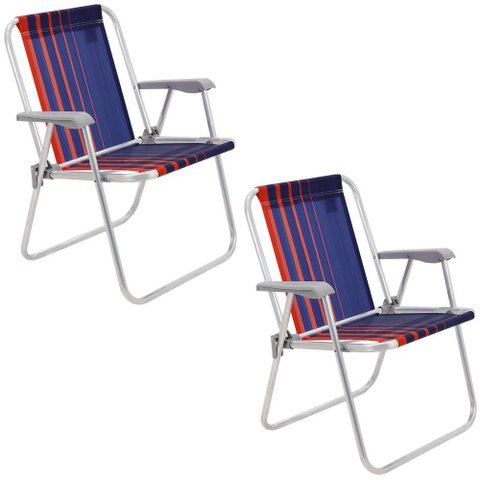 Kit 02 Cadeiras de Praia Tramontina Samoa Alta em Alumínio C/ Assento Azul Escuro e Laranja