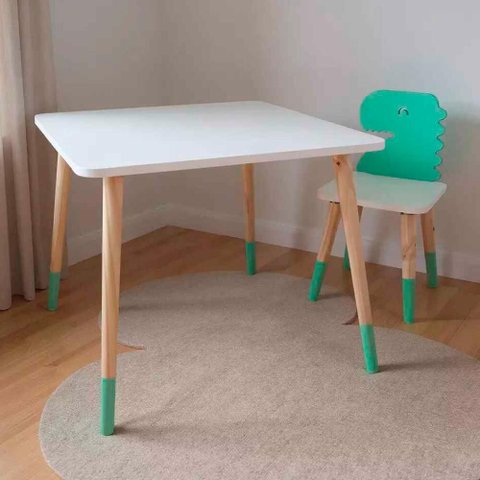 Mesa e Cadeira Infantil Dinossauro Kit Livro Educativo em Madeira - Verde Claro